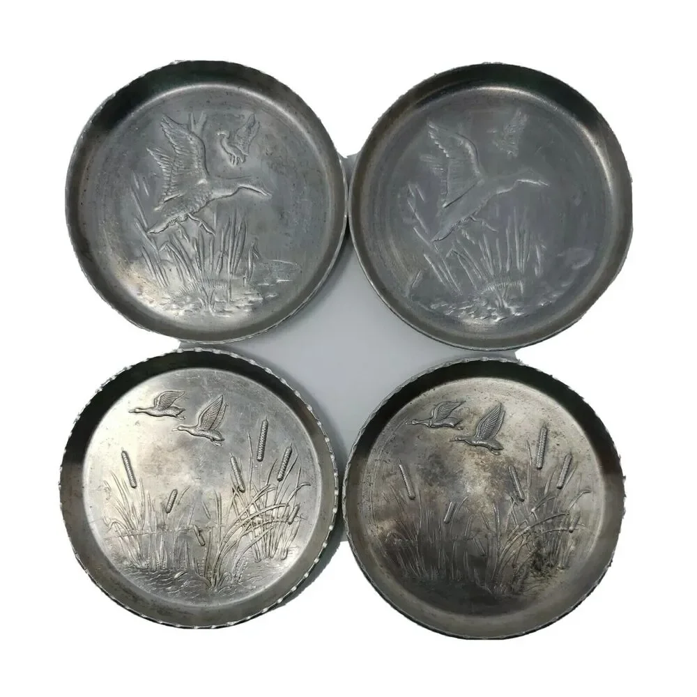 Ducks Geese Coasters Aluminum Vintage MCM 1950's Cattails Collectible